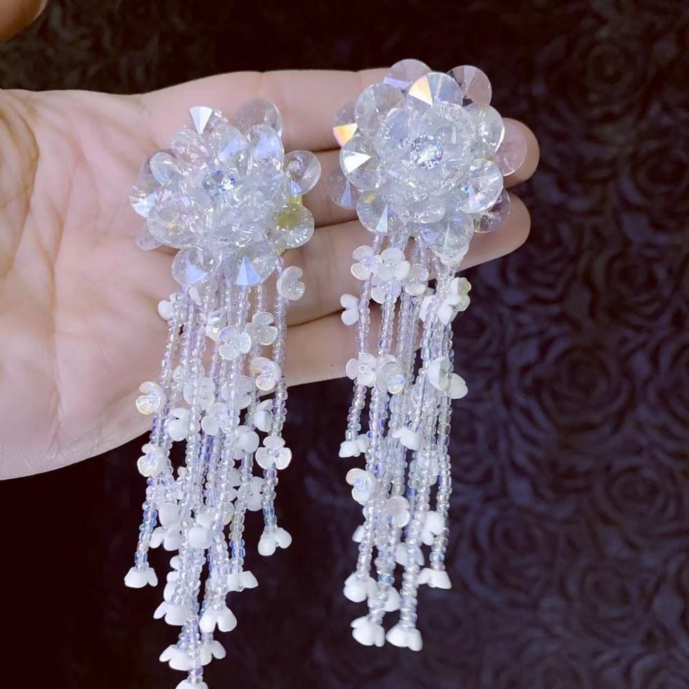 Zinc Zinc Alloy Crystal Beads Ear Drop Luxury Long Ear Drop Brilliant White Flower Earrings  Banquet