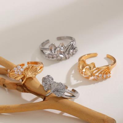 French-style Fashion Light Luxury Zircon Ginkgo Leaf Open Ring for Women Girl Personalized Design Rings Fashion Jewelry