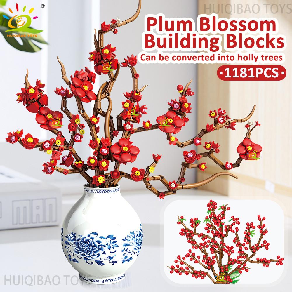 Non-Toxic 2In1 Spring Festival Plum Blossom Holly Model Building Blocks Diy Eternal Flower Desktop Decor Bricks Ornament Toys