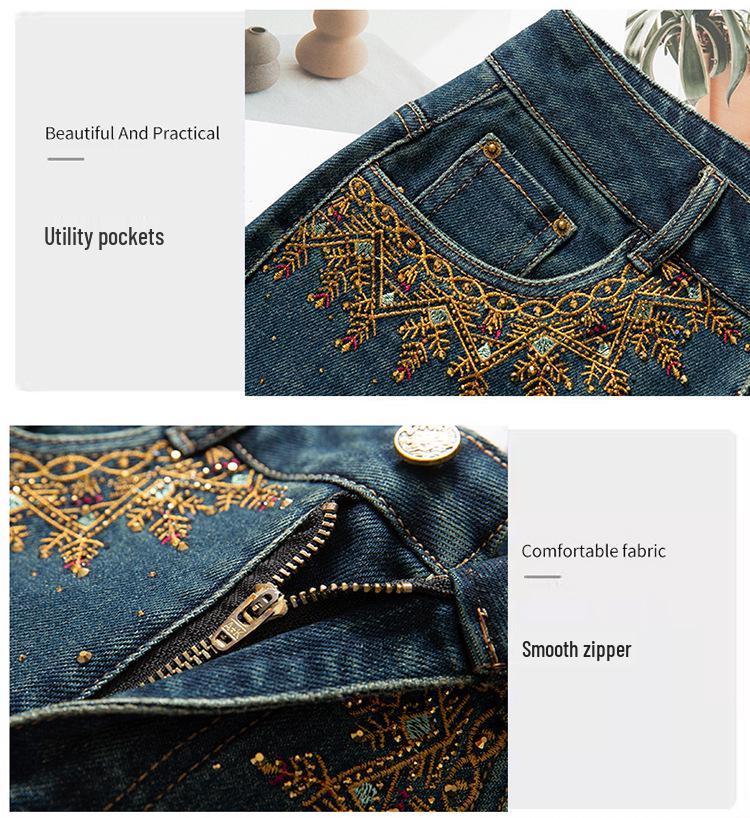 25 Spring/Autumn Women's High-Waist Denim Skirt with Colorful Embroidered Edge and Slit