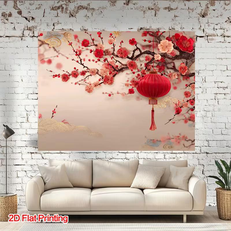 2D Spring Festival Tapestry, Traditional Red Lantern & Floral Background