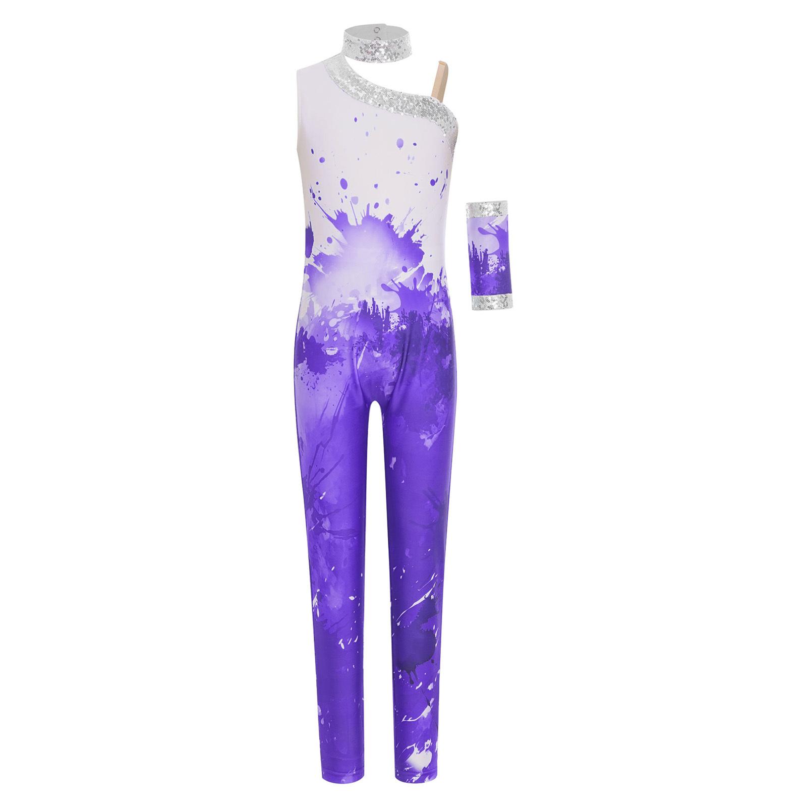 

Girls Shiny Sequins Printed Sleeveless Bodysuit Asymmetrical Full Length Leotard Figure Skating Glove Included 5-6 Years фіолетовий