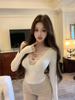 Lace V-Neck Long Sleeve White Slim Fit Waist-Cinched Women's Winter Shirt