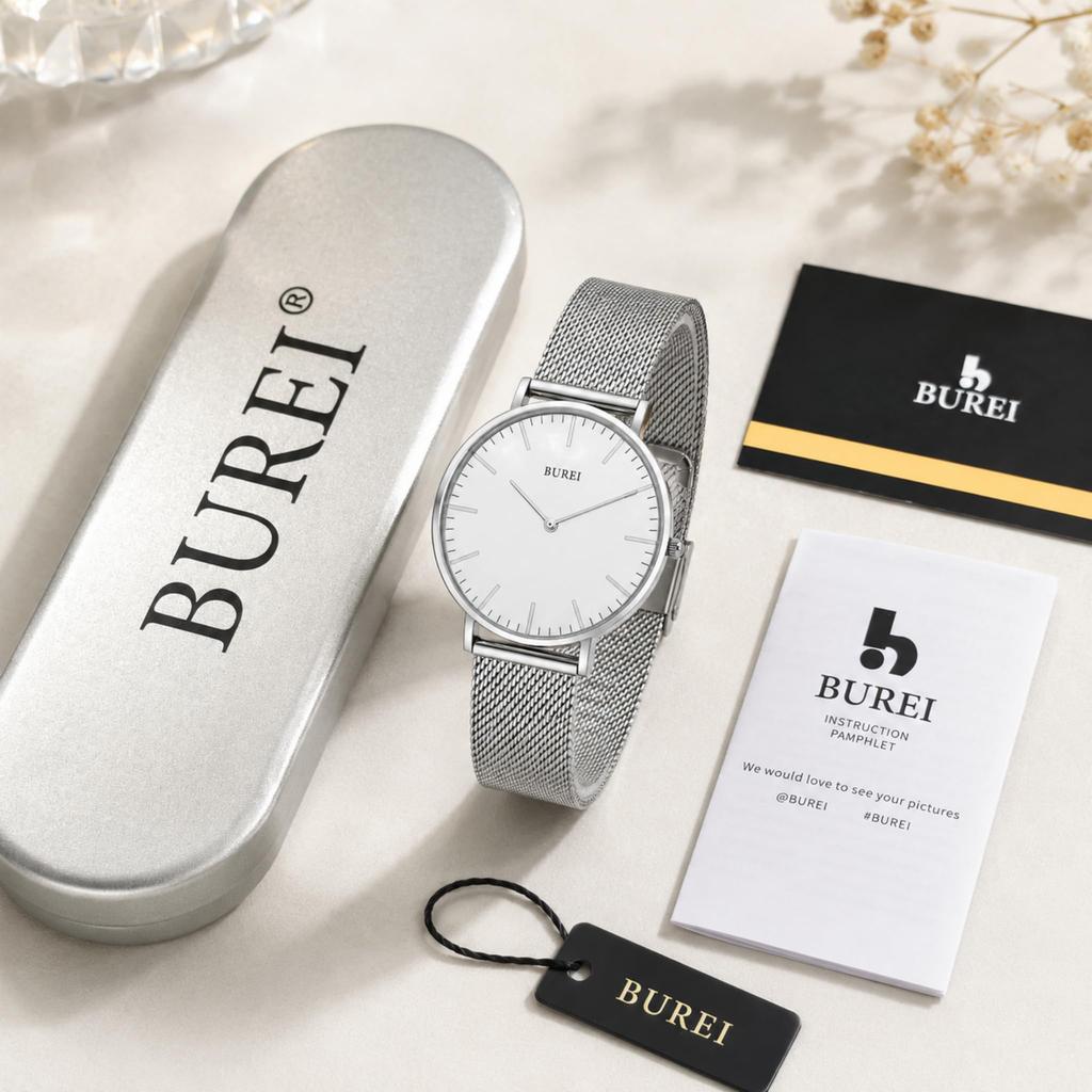 BUREI Unisex Quartz Watch, Stainless Steel Bracelet, 3 ATM Water Resistance