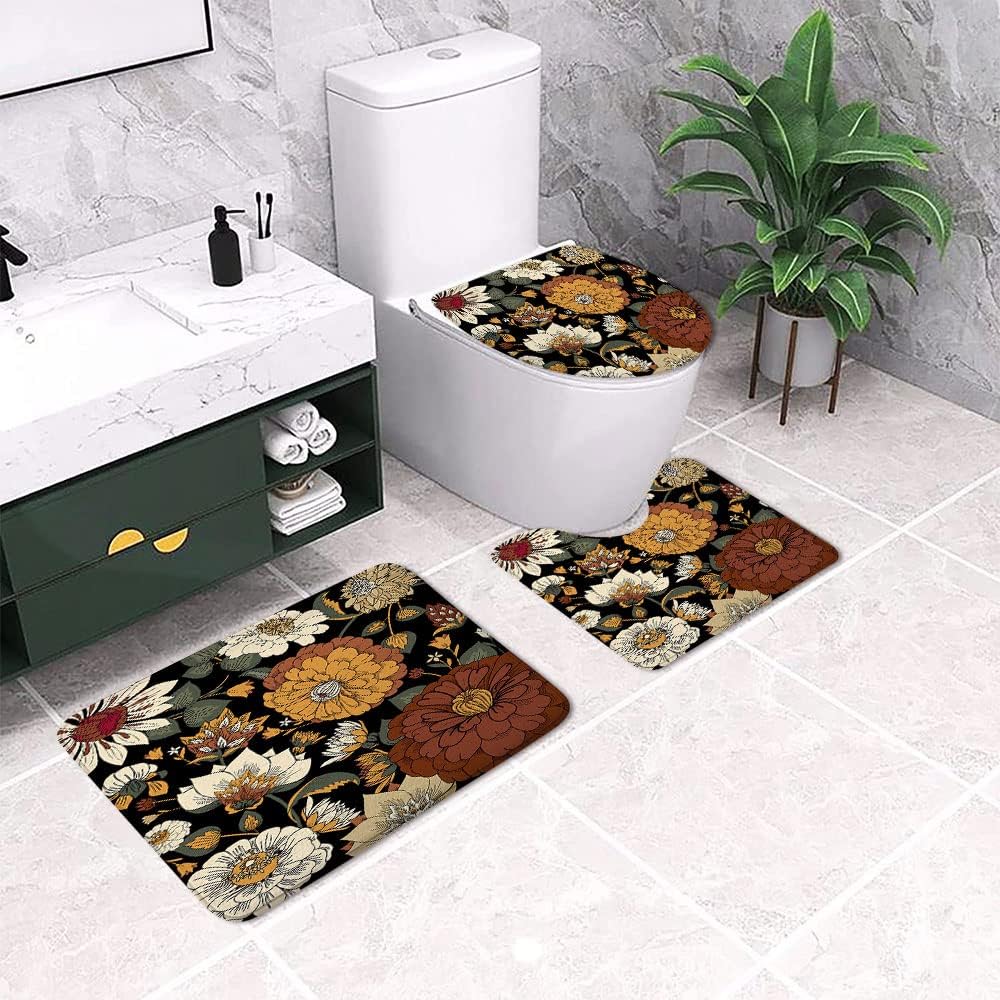 Boho Floral Botanical Bath Rugs for Bathroom, Mid Century Morden Abstract Bohemian Flowers Tropical Leaves Non Slip Flannel Bathroom Rug, Dry Fast