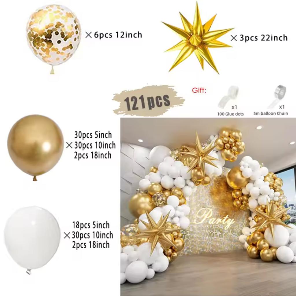 121Pcs White and Gold Balloons Garland Arch Kit with Starburst Foil Balloons for Wedding Anniversary Birthday Party Decorations