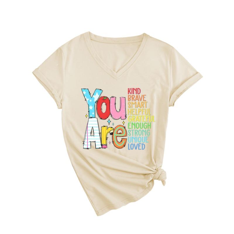 Summer V-neck Inspirational Text Printed Top Fashionable Casual Short Sleeved Women's T-shirts