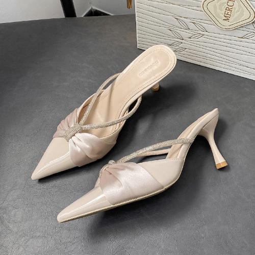 Women's Block Heel Sandals 2025 Summer Satin Pointed Toe Rhinestone High Heels Fashionable Slip On Mules
