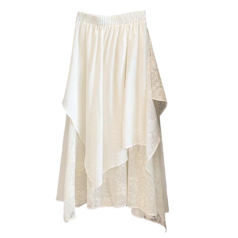 Autumn High Waist Pleated Drape Big Swing Skirt French Irregular Hollow Hook Lace Splicing Skirt Women