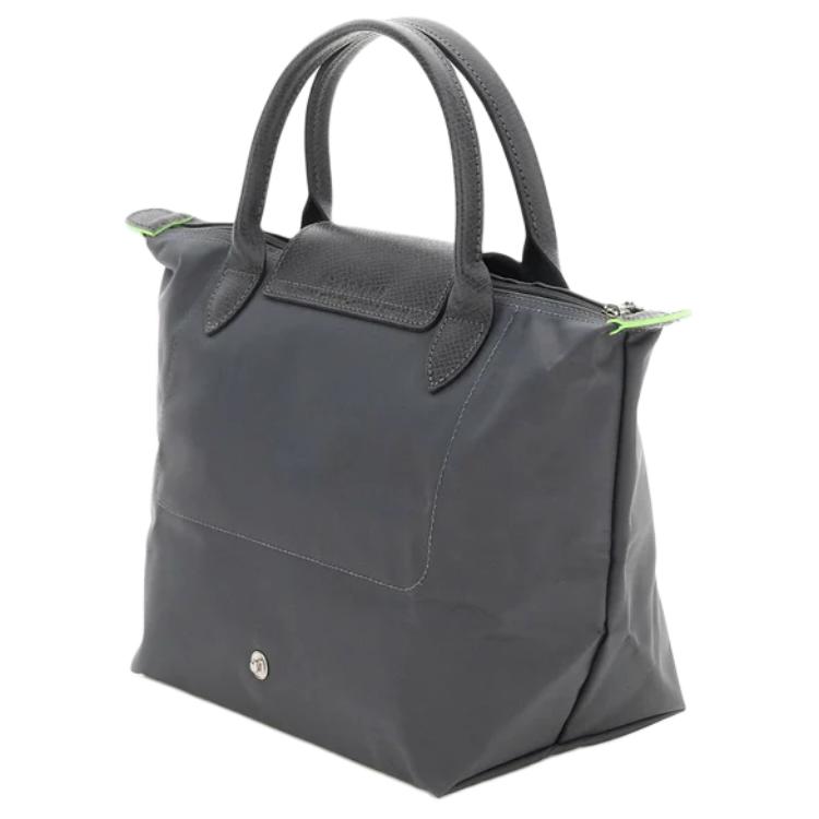 Longchamp Le Pliage Green Embossed Logo Silver Metal Zipper Recycled Nylon Tote Bag Small Women Tote Bags Graphite-Black L1621919P66