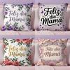 Feliz Dia Mama Flower Cushion Cover Natural Linen Organic Fabric Double-Sided Printing Sofa Home Decor Gift Pillow Cover