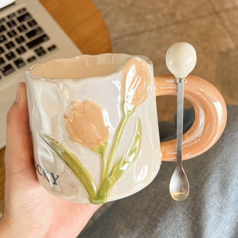 High Value and Light Luxury Tulip Ceramic Cup Creative Flower Girls’ Home Drinking Water Cup Spoon