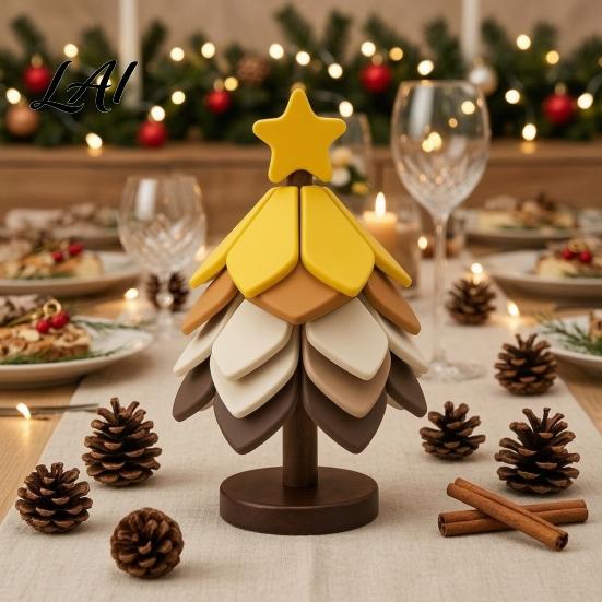 Holiday Table Decoration Christmas Tree Shaped Silicone Trivet Set Collapsible Heat Resistant Hot Pad Rustic Kitchen Accessory with Storage