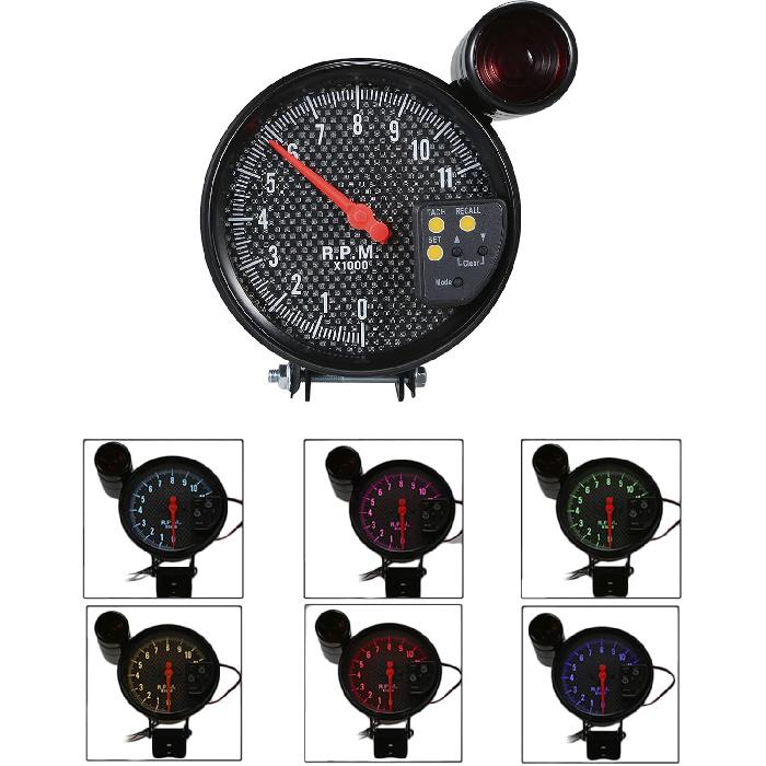 Shkalacar 5 Inch Tachometer Gauge Carbon Fiber 7 Colors Backlight, 0-11,000 RPM Measurement, Optional With LED Pointer