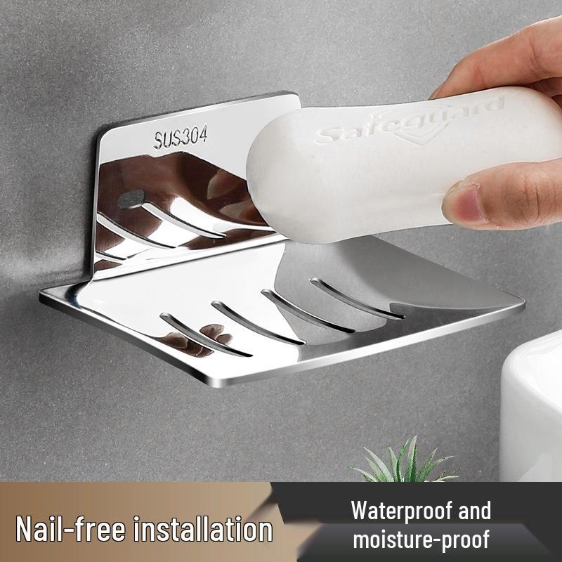 Punch-Free Wall-Mounted Stainless Steel Soap Holder with Draining Rack Black