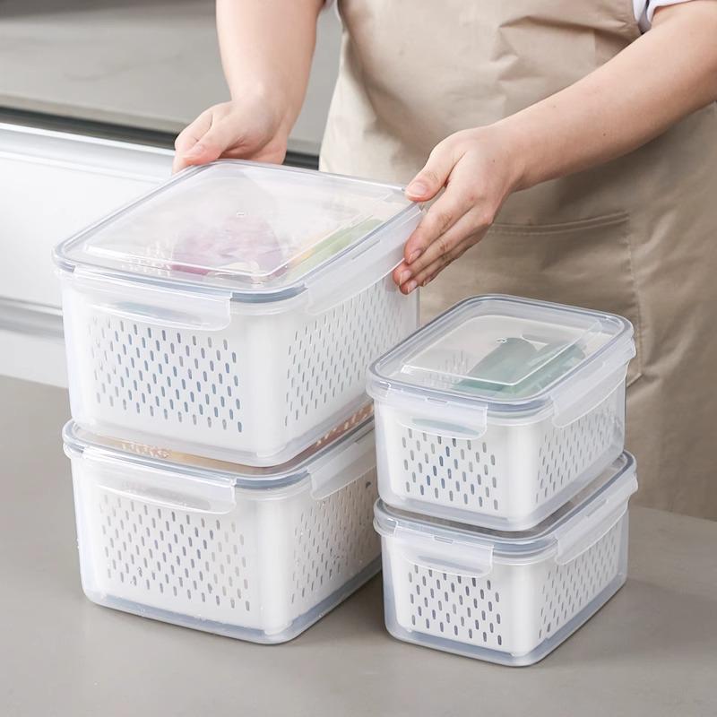Japanese Double-Layer Food Storage Box with Draining and Fresh-Keeping Function for Refrigerator and Freezer Use.