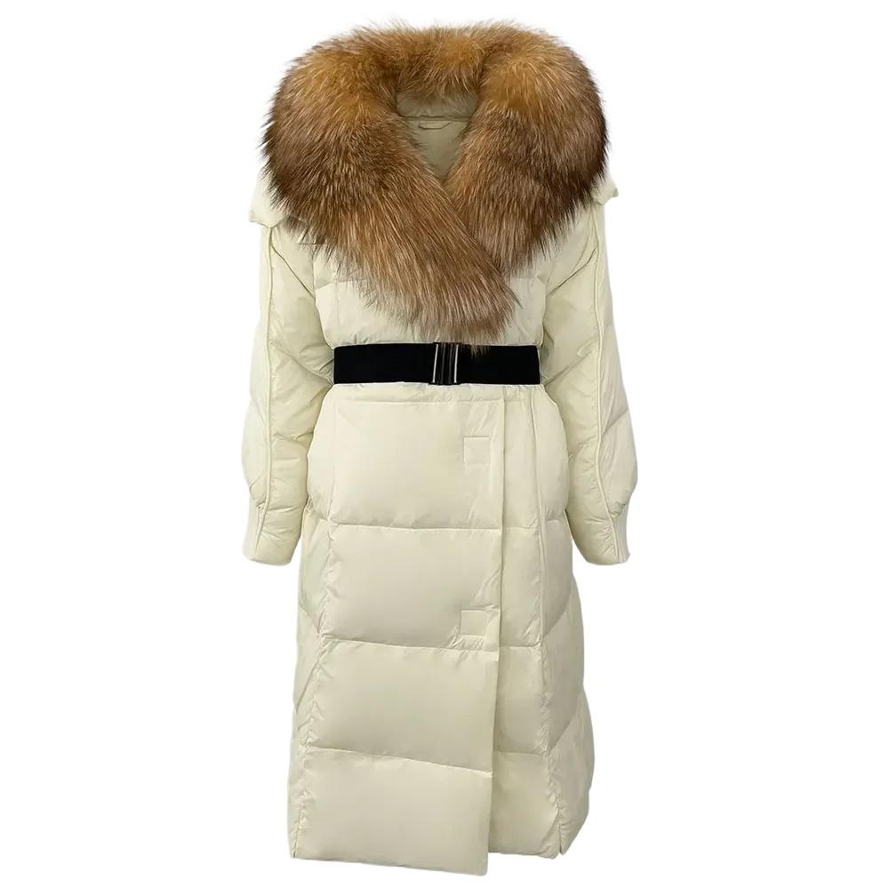 OFTBUY Winter Jacket Women Long Natural Real Raccoon Fox Fur Collar White Duck Down Coat Belt Thick Warm Casual Outerwear
