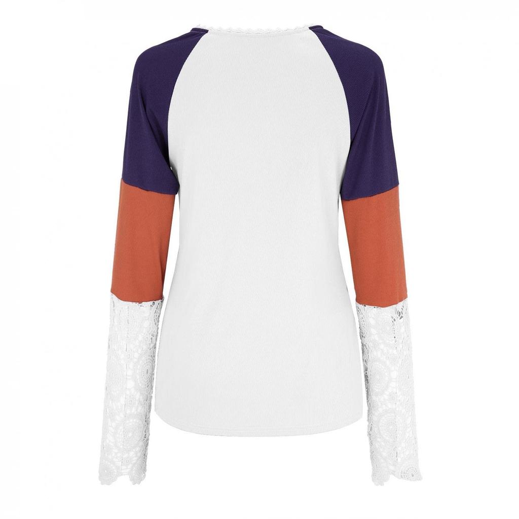 Women's Fashion  And Winter Round Collar Color Print Lace Long-sleeved Top