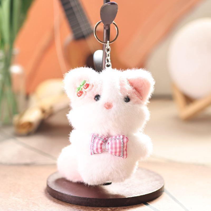 Cute Animal Plush Doll With Checkered Bow Decoration For Bags And Keys