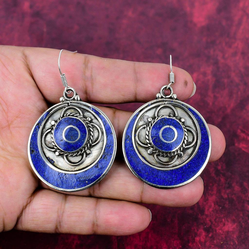 Lapis Lazuli 925 Solid Sterling Silver Earrings, Handmade Gemstone Earrings Jewelry, Gifts For Wife Brand New Nepali Earrings