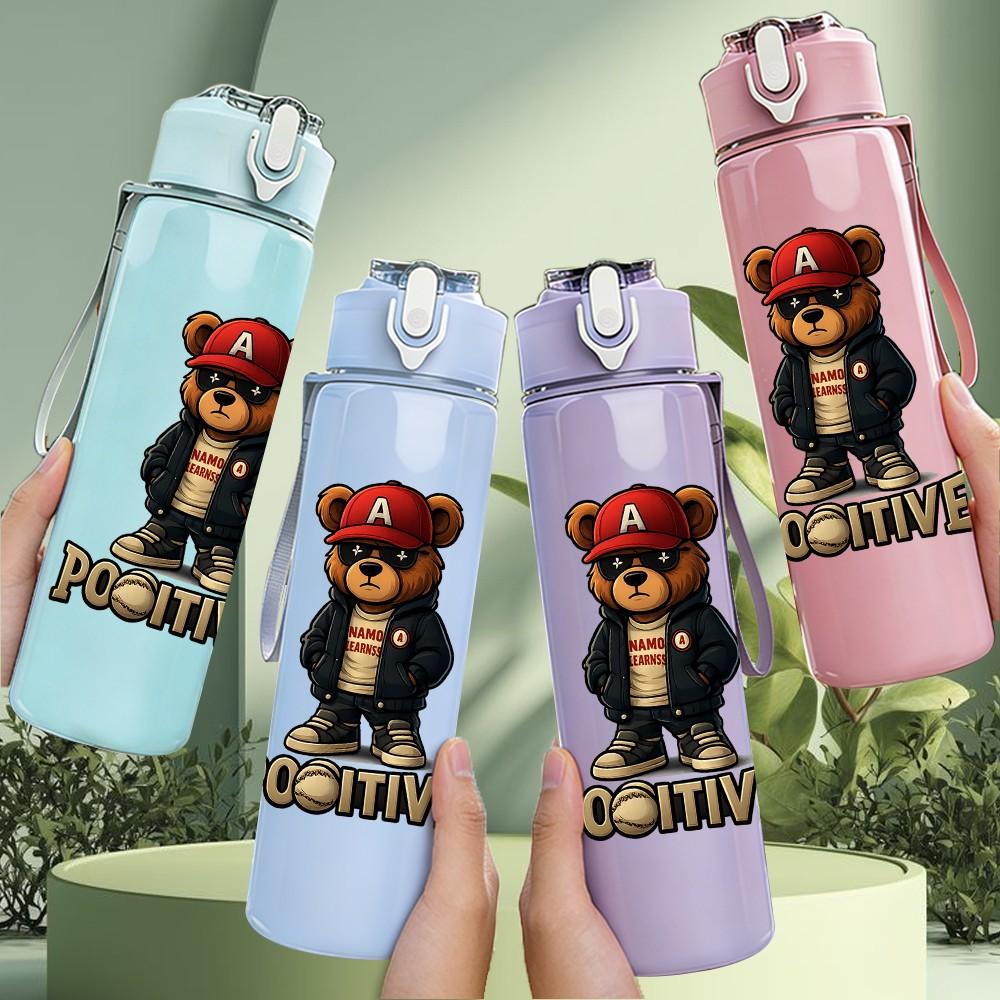 1PC Bear Prison Inmate Cartoon Print 750ml Color Plastic Sports Water Bottle Leakproof Flip Straw Lid Suitable for Sports Office Home Use