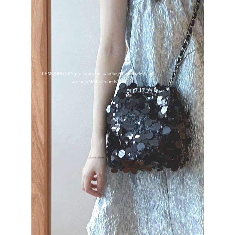 French Niche Sequined Bag Women's Summer 2025 New Fashion Bucket Bag Chain Underarm Bag Messenger Bag
