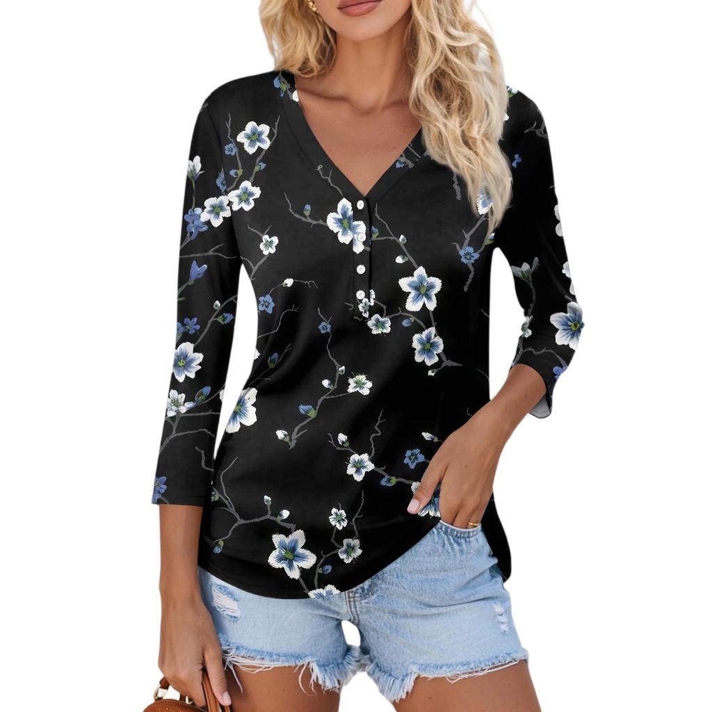 Damen Lässig Mode Sexy Bequem V-Ausschnitt Knopf Floral Dreiviertelarm Oberteil