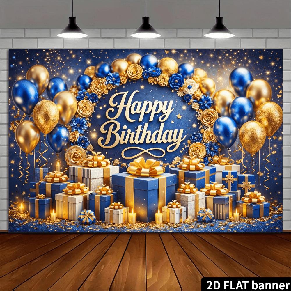 2D planar dark blue gold luxurious birthday party backdrop with the center featuring the golden "Happy Birthday" text.zyc