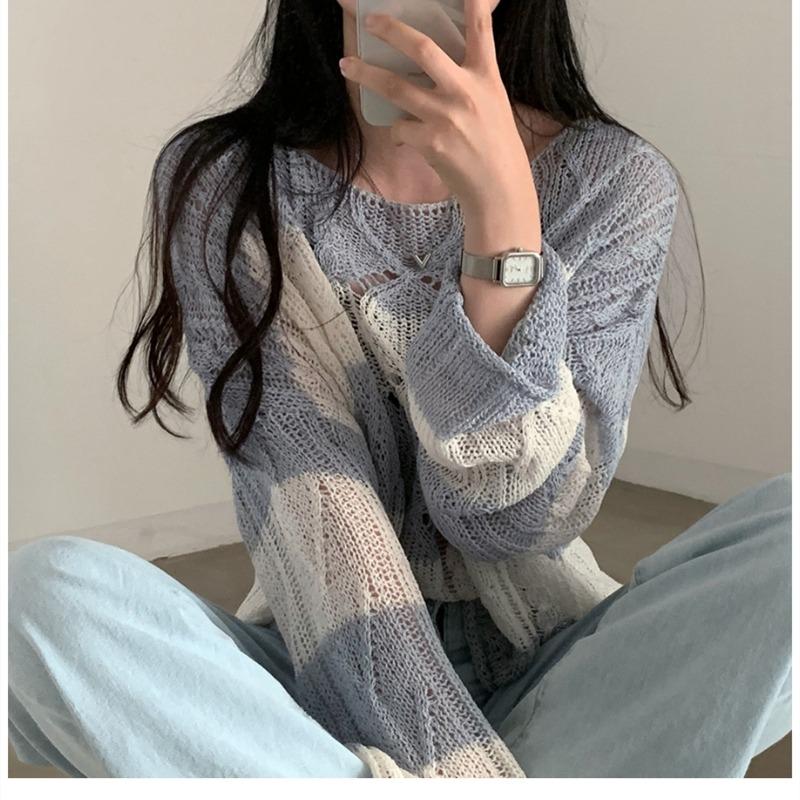 New Casual Twist Long Sleeved Striped Sunscreen Knitted Sweater Korean Style Women Retro Top Thin Hollow Out Loose Blouse O Neck Simple Clothing
