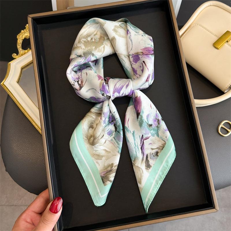 70*70cm Women's Square Scarf Soft Satin Floral Print Wrap Foulard Neckerchief Bandannas Hair Skinny Tie Hijab Shawls
