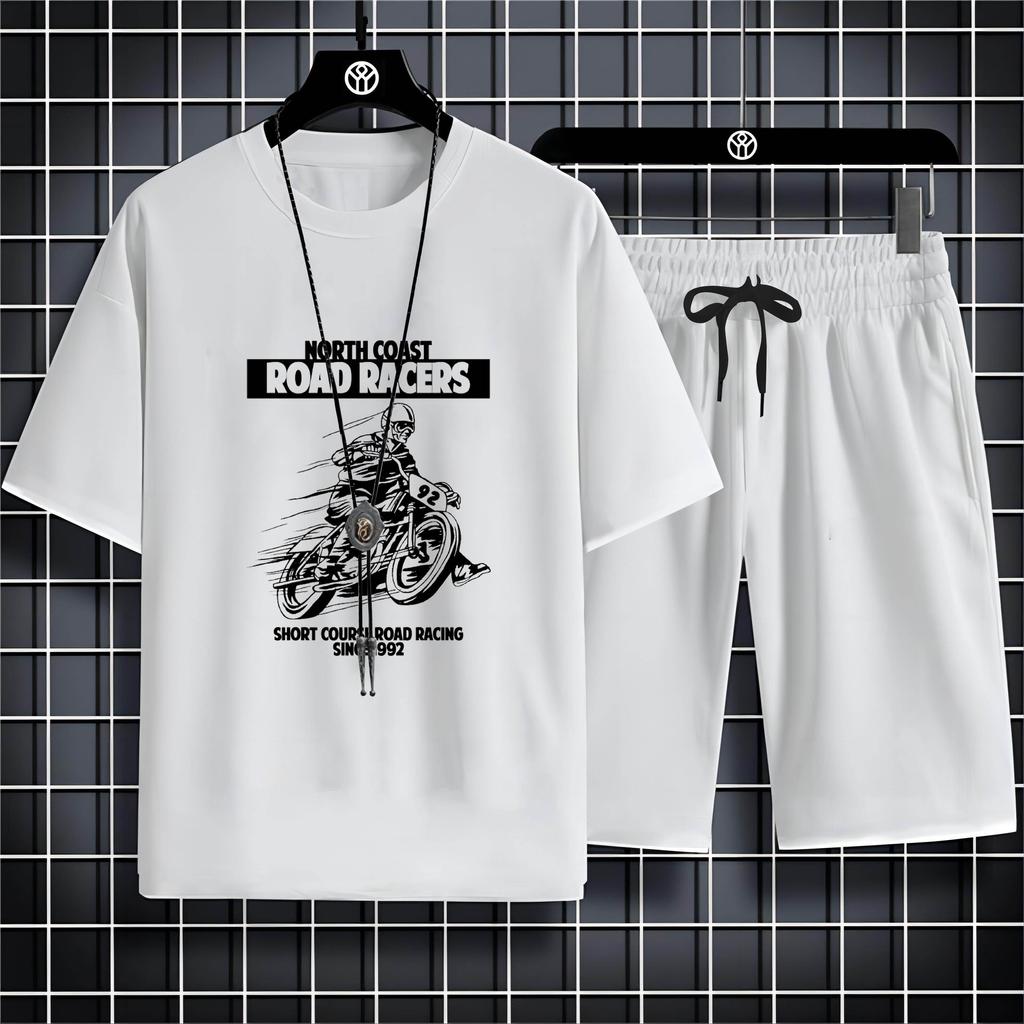 Summer Round Neck Men'S Outdoor Casual 2d Motorcycle Print Loose Comfortable Breathable Short Sleeve T-Shirt Beach Set T-Shirt