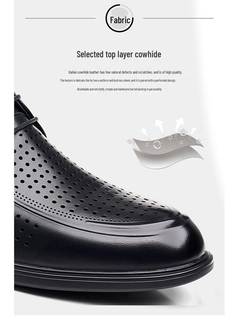 Men's Genuine Leather Breathable Formal Shoes – Top Layer Cowhide, Pointed Toe, Hollow Design, High-End Casual Style