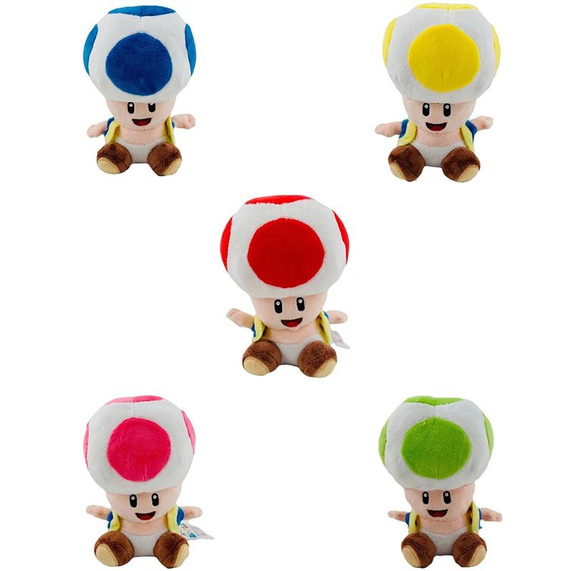 Super Mario 17cm Toad Plüschtier Mit 5 Bunten Sitzenden Pilzfiguren