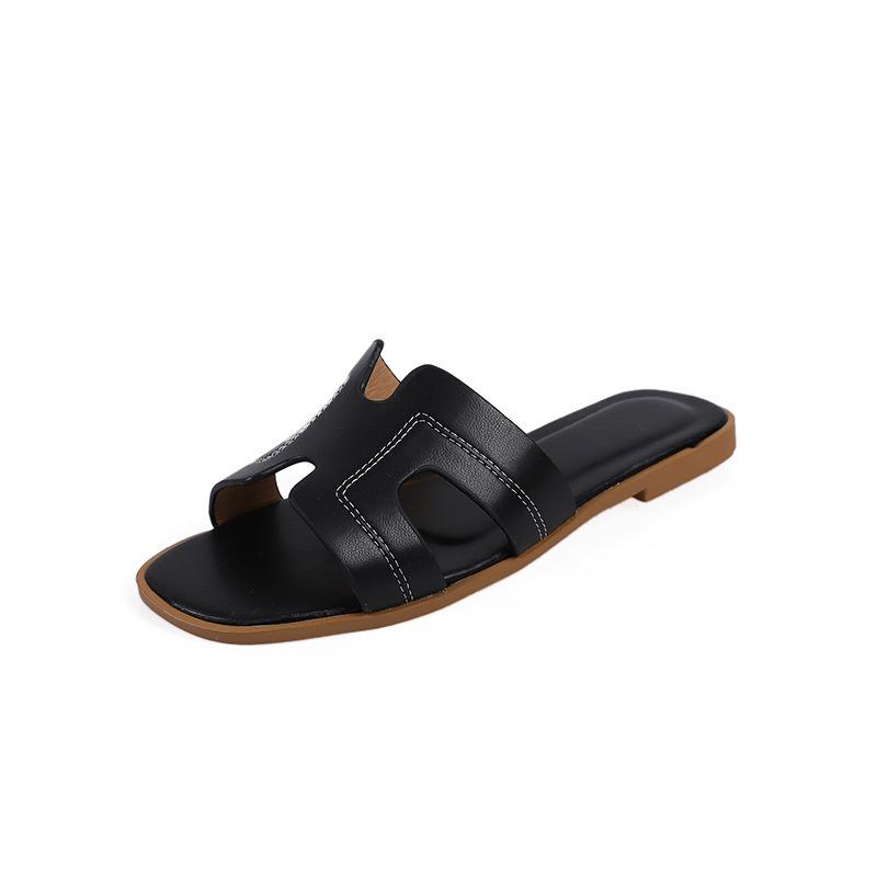 Solid Color One-word Slippers Spring and Summer Outer Wear Ins Beach Non-slip Cool Slippers Large Size