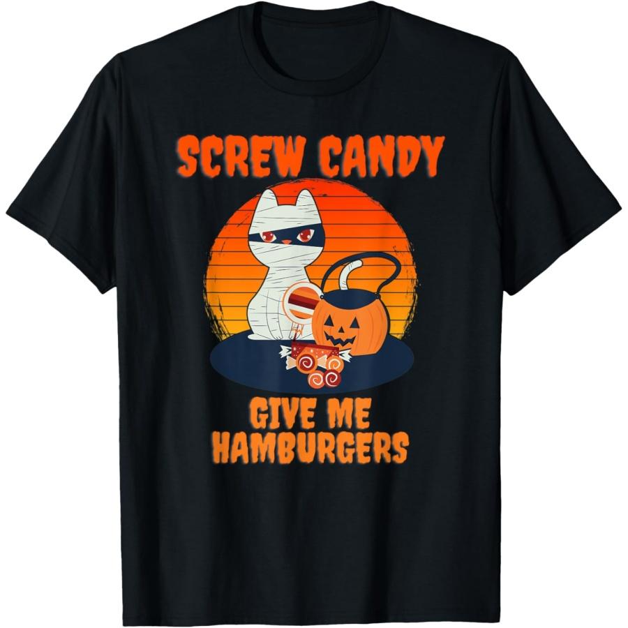 

Screw Candy Give Me Hamburgers Halloween Cat Mummy T-Shirt XXXXXL чорний