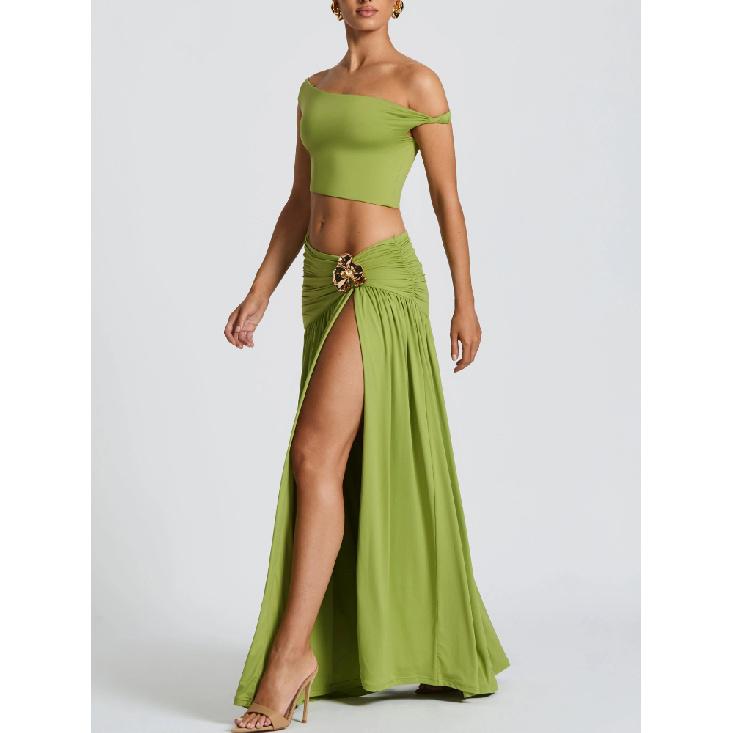 Articat Vest Top Skirt Set For Women Elegant Metal Tight Split Skirt Two-Piece Set Female Party Club Holiday Beachwear