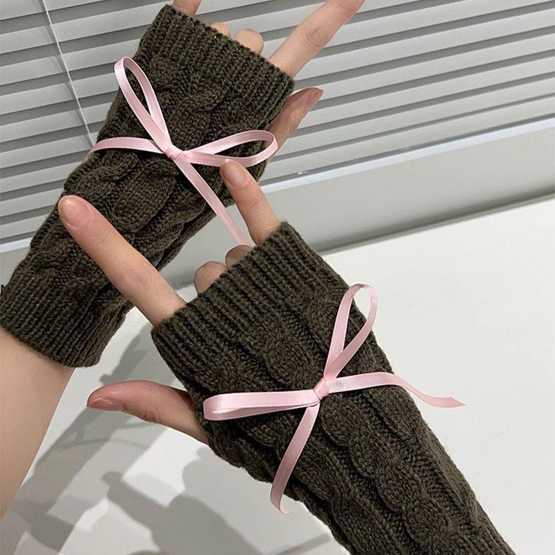 Korean Knitted Gloves Women's Bow Hand Warmer Winter Gloves Fashion Black Pink Knitted Thicken Mitten Fingerless Mittens