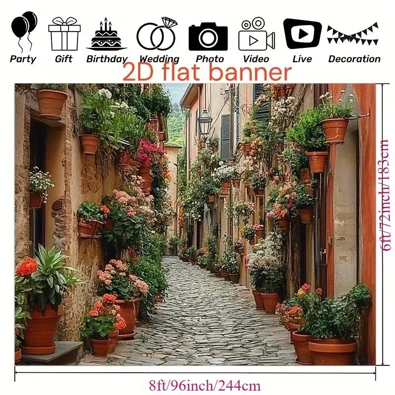 Italienische Toskanische Gasse Wandteppich, Kopfsteinpflasterstraße mit Blumen Hintergrundtuch, Heimdekoration