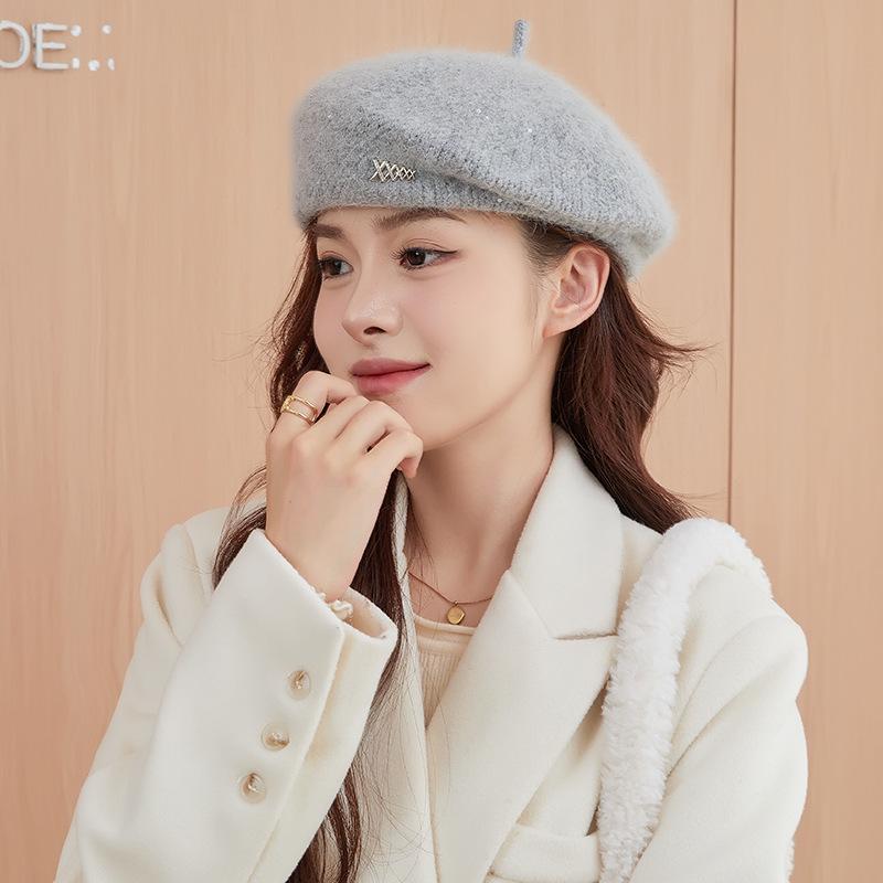 Beret Hat Women's Autumn and Winter Style Face Showing Little Painter's Hat Trendy New Large Head Circumference Rabbit Fur Knitted Newsboy Hat