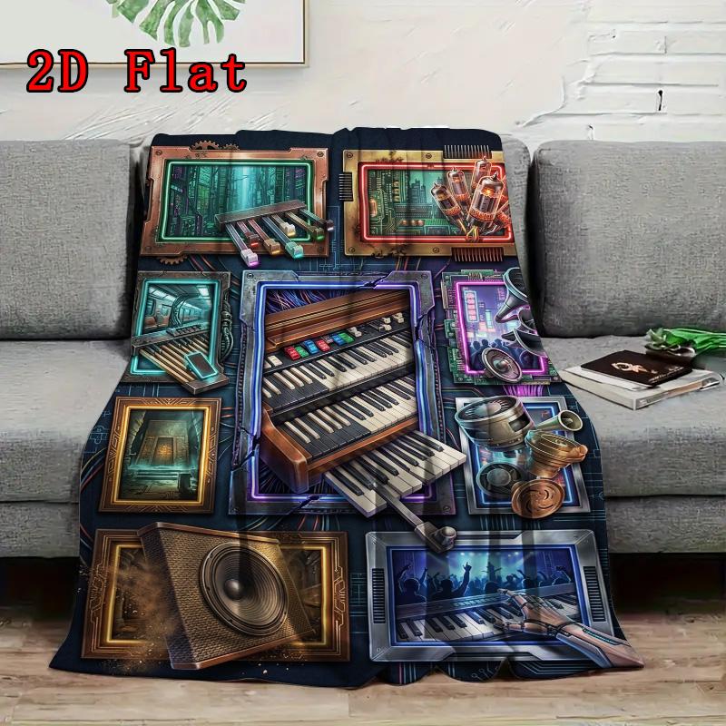 Cyberpunk Music Instruments 2D Flat Pattern Flannel Blanket, High Quality All Seasons, Home Decor, Warmth and Comfort, Perfect for Christmas Gifts.