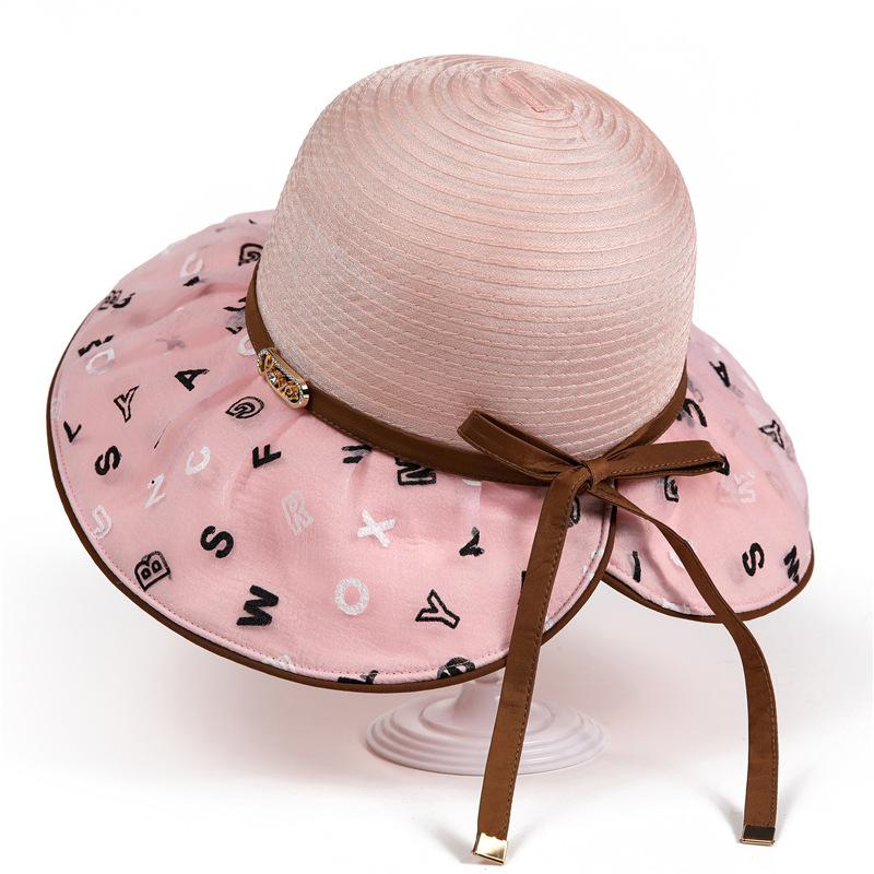

Fashion letter print sunscreen visor children spring and summer travel foldable organza splicing big eaves bucket hat M（56-58cm）