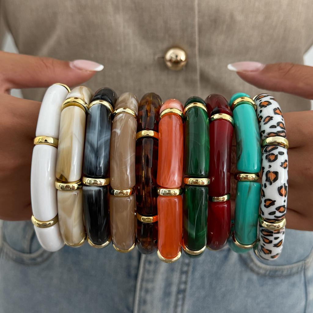 KunJoe 10 Colors Vintage Stackable Leopard Resin Acrylic Bracelets for Women Bohemian Round Tube Beaded Elastic Bangle Bracelet