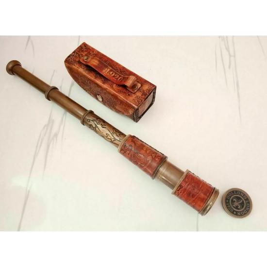 Telescop din alamă antică, lunetă marină nautică, din piele, de epocă