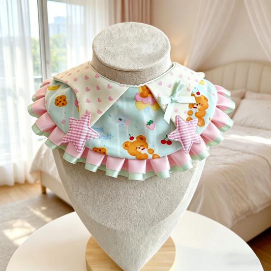Bear Print Pet Bib Adjustable Snap Button Cute Cat Bandana Bib Sweet Striped Dog Bib for Small Medium Dogs Cats