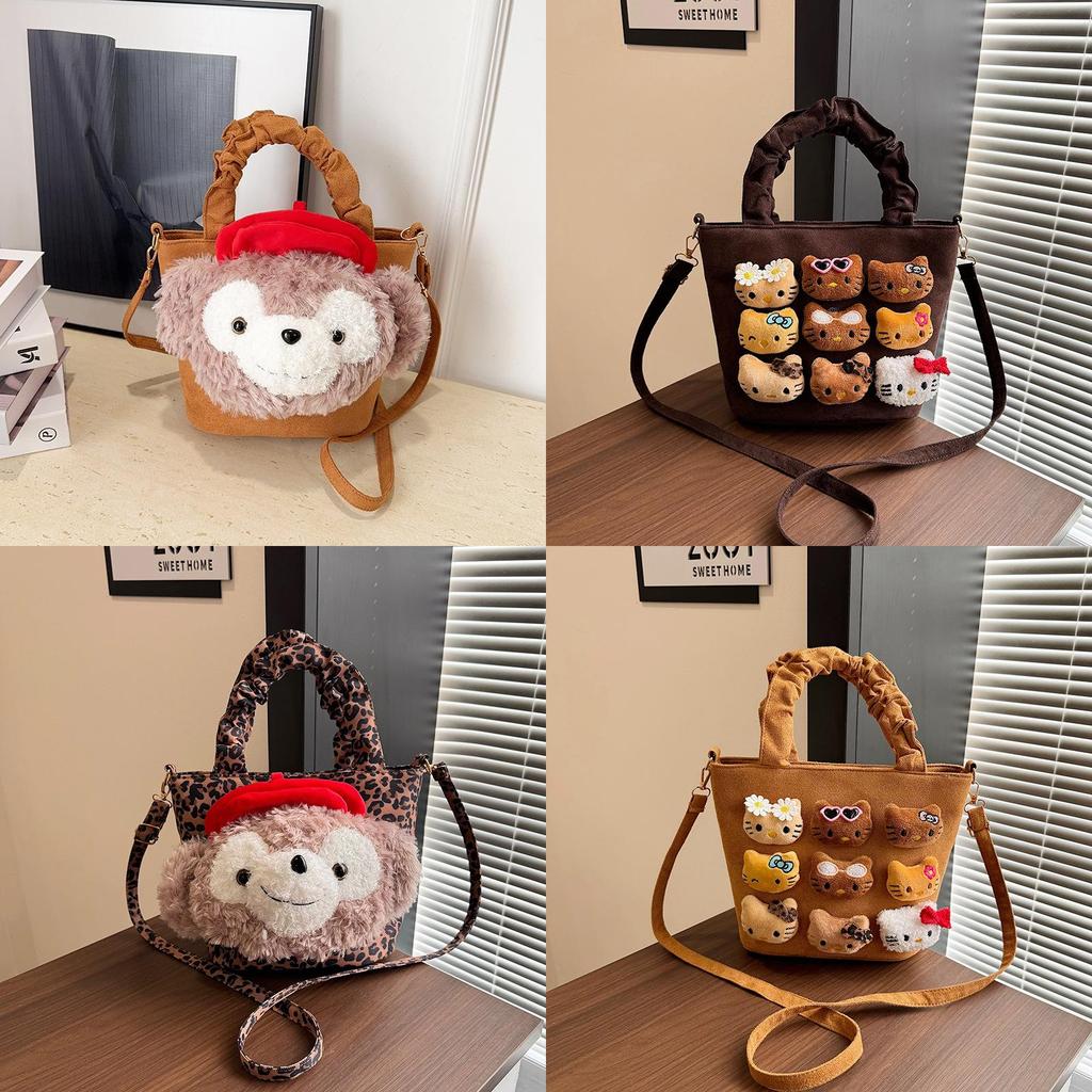 Duffy Cat Pattern Nylon Crossbody Bag With Plush Details For Casual Wear