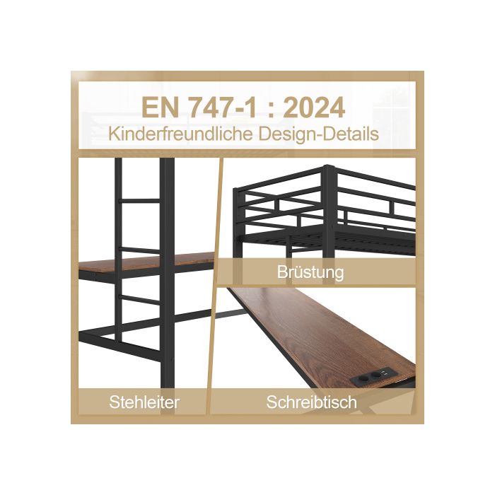 Világítós galériaágy - MUVOE - 90x200 cm - Fekete fém - Korlát - Tanulóasztal