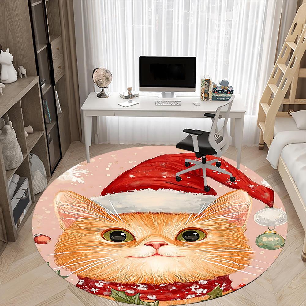 1PC Christmas Cat Office Round Area Rug, Indoor Mat Suitable ForOffice, Under Office Chairs Bedroom Living Room Home Decor, Room Deco f015