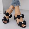 Women’s Pearl Bow Hollow-Out Pointed Mid-Heel Slide Sandals Fashion Shoes