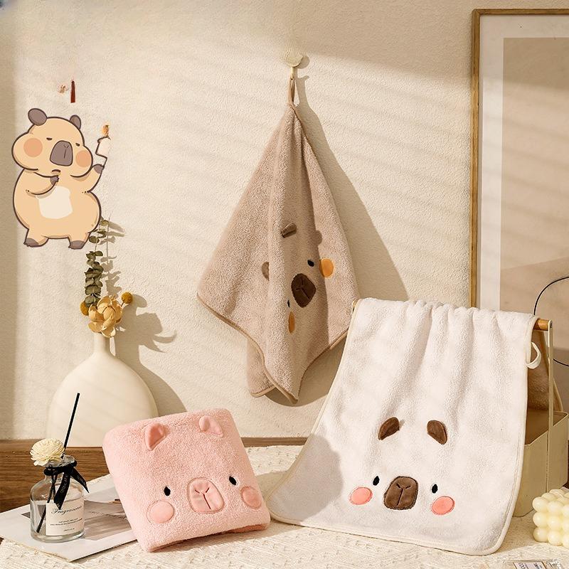 Capybara Coral Velvet Towel, Water-absorbing and Quick-drying Thickened Square Towel, Hanging Handkerchief Without Shedding