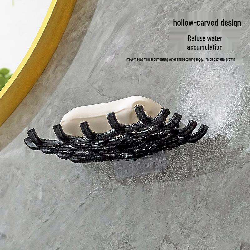 Wall-Mounted Punch-Free Soap Dish with Drain Rack & Hooks for Bathroom